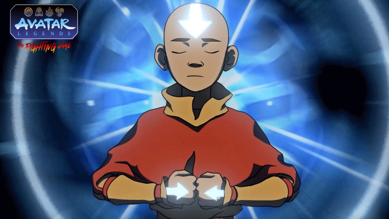 Avatar Aang with glowing arrow tattoos and blue Avatar State energy in current Avatar Legends gameplay footage