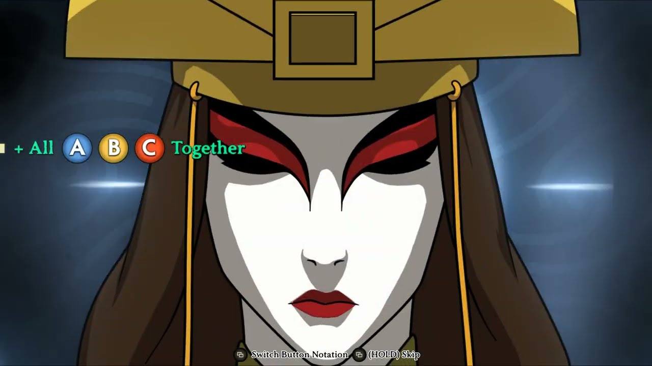 Kyoshi in a close-up from her current Avatar Legends Combo Trials footage, with tutorial controls visible
