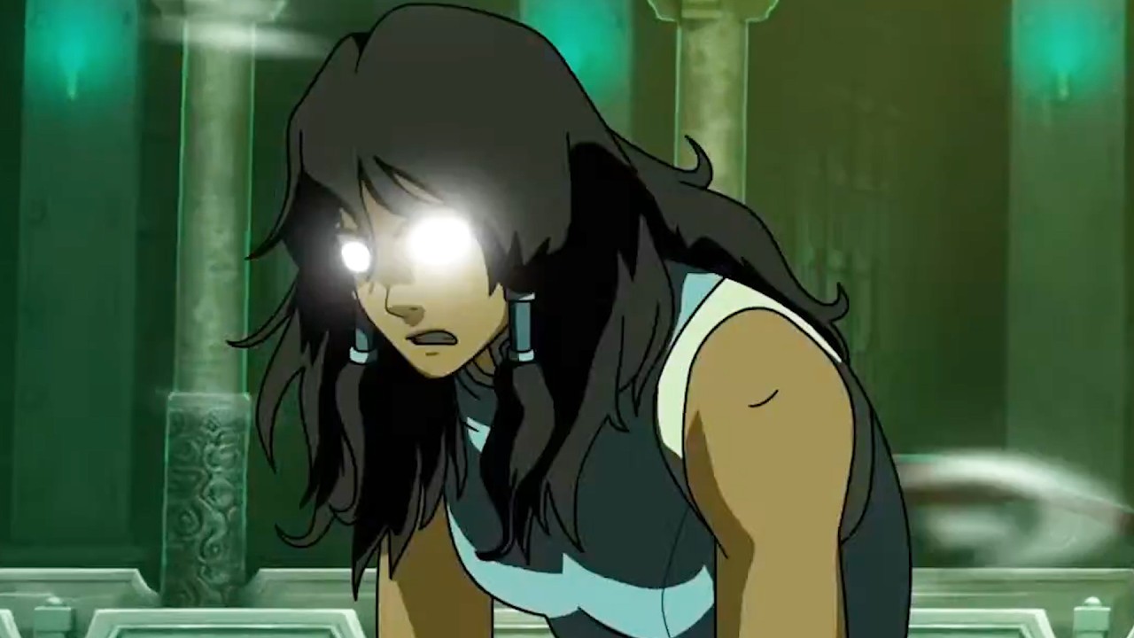 Nightmare Korra with loose dark hair and glowing white eyes in current Avatar Legends gameplay footage