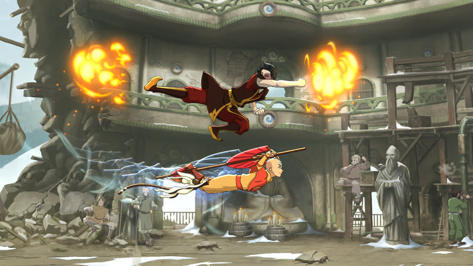 Aang and Azula fighting amid fire effects in Avatar Legends gameplay