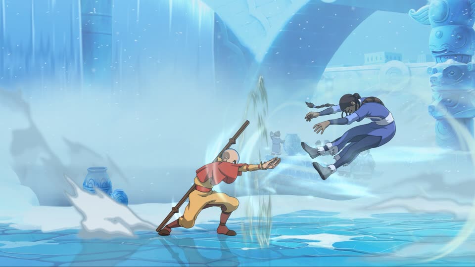 Katara facing Aang in a Water Tribe arena during an Avatar Legends match