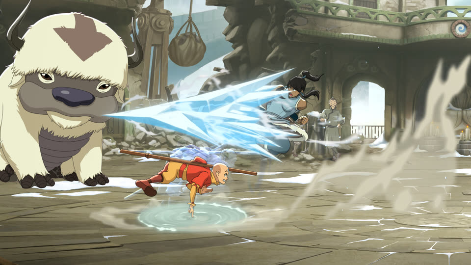 Aang using airbending against Korra in an Avatar Legends match, with Appa visible at the arena edge