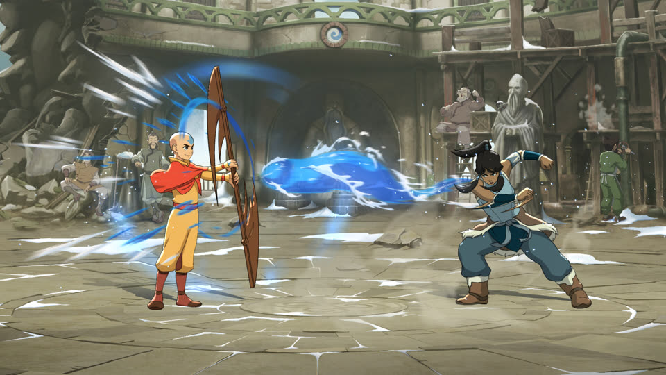 Base Korra waterbending against Aang in an Avatar Legends match
