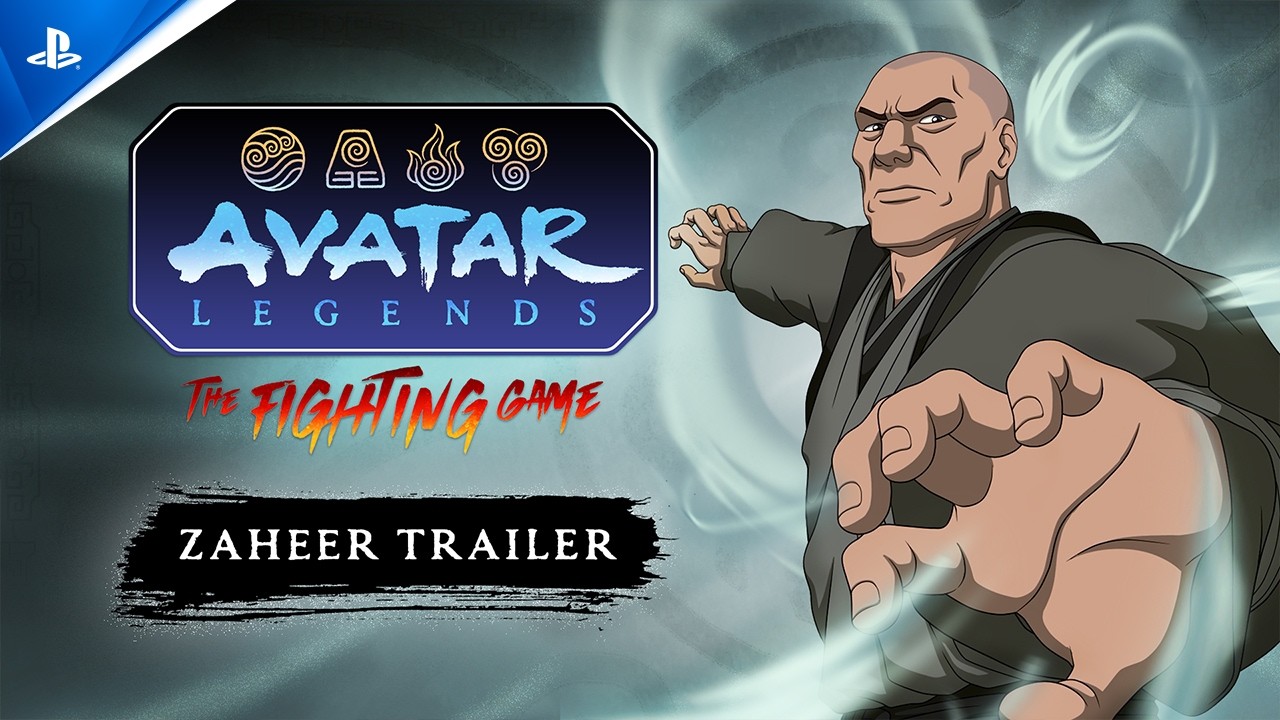 Zaheer airbending in the official Avatar Legends character trailer image, with Zaheer Trailer and PlayStation branding visible